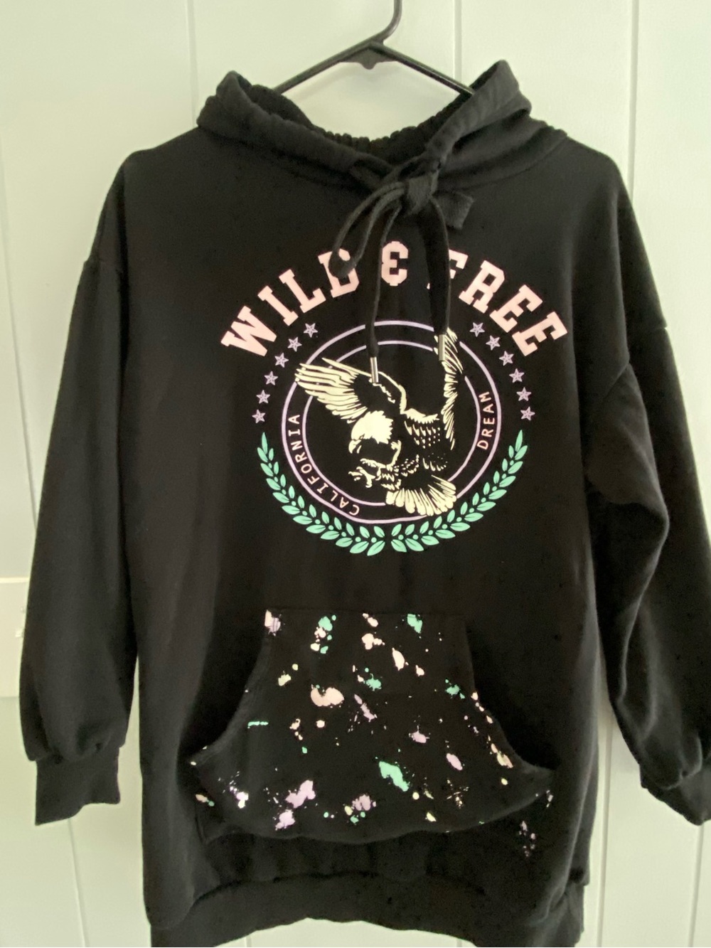 Wild & Free Black Hoodie Sweatshirt with Pastel Graphic extra long